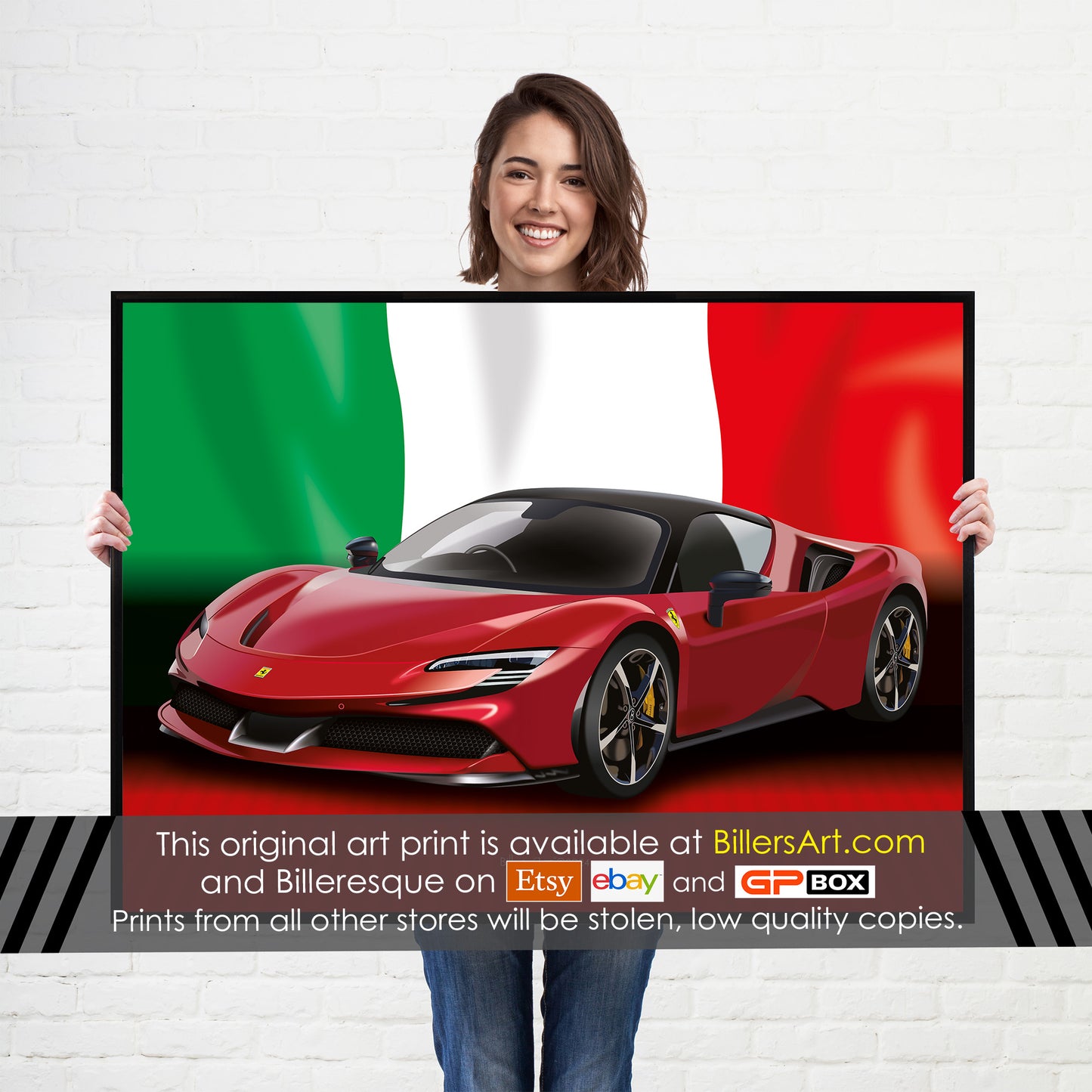 Ferrari SF90 Stradale Supercar High Quality Print Illustration with the Italian Flag