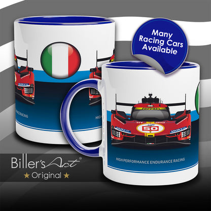 Ferrari 499P Mug - Endurance Racing Car Mug on a Italian Flag background