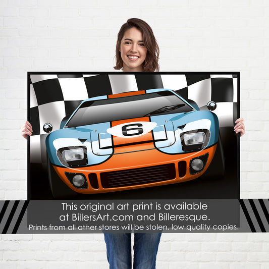 Ford GT40 - Le Mans Racing Car poster on a Chequered Flag background