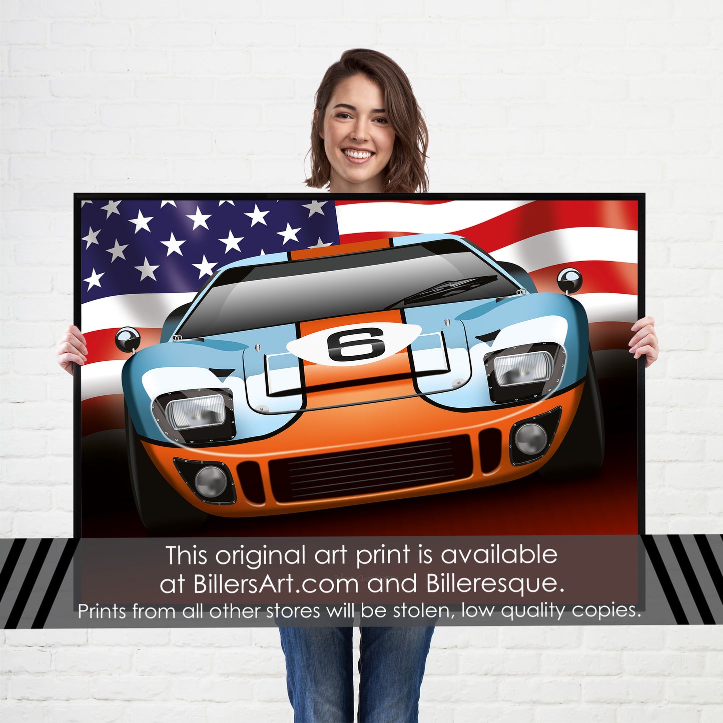 Ford GT40 - Le Mans Racing Car poster on a US Flag background