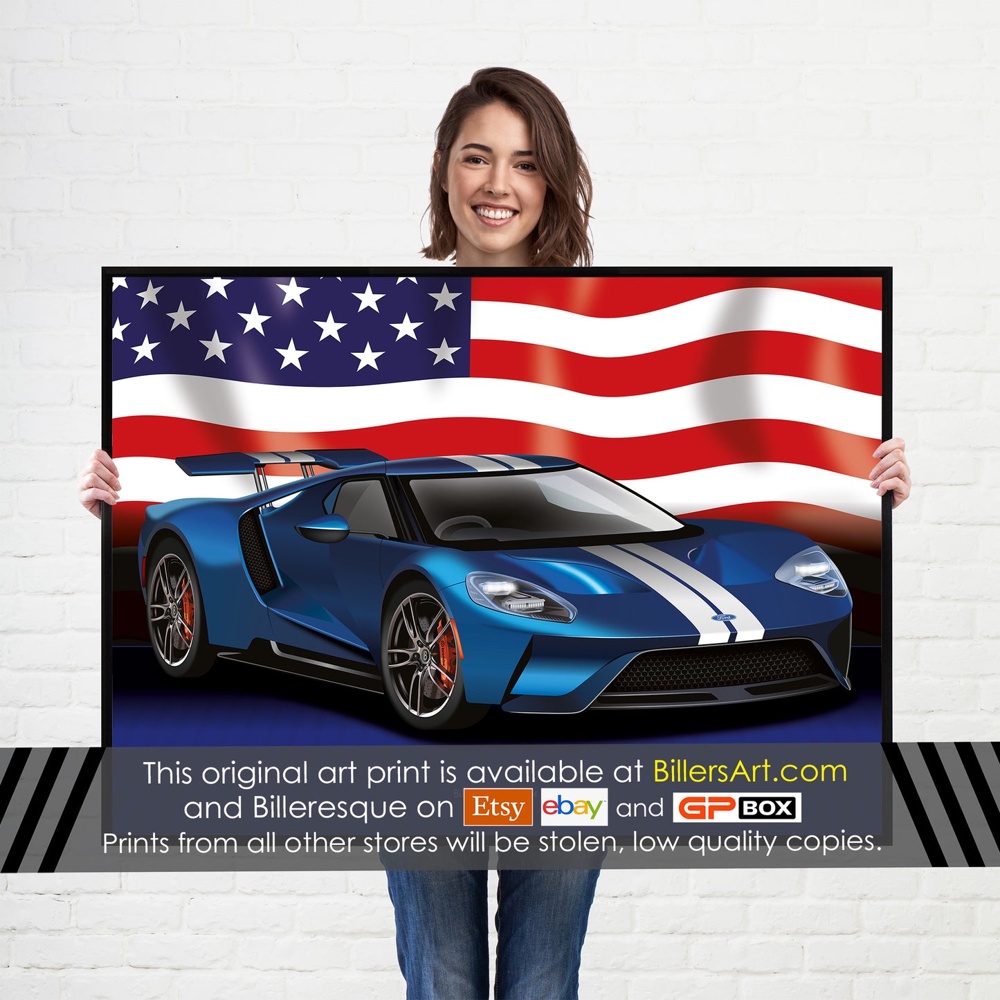 Ford GT Supercar High Quality Print Illustration with the US Stars and Stripes Flag