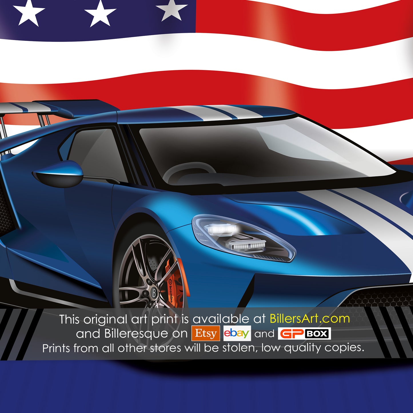 Ford GT Supercar High Quality Print Illustration with the US Stars and Stripes Flag