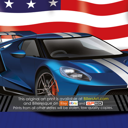 Ford GT Supercar High Quality Print Illustration with the US Stars and Stripes Flag