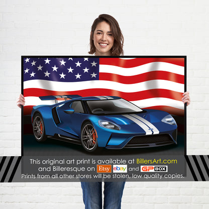 Ford GT Supercar High Quality Print Illustration with the US Stars and Stripes Flag