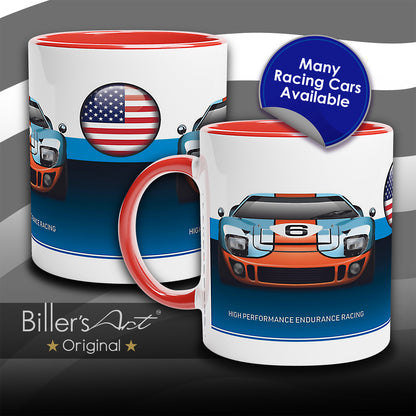 Ford GT40 Mug - Endurance Racing Car Mug on a US Flag background