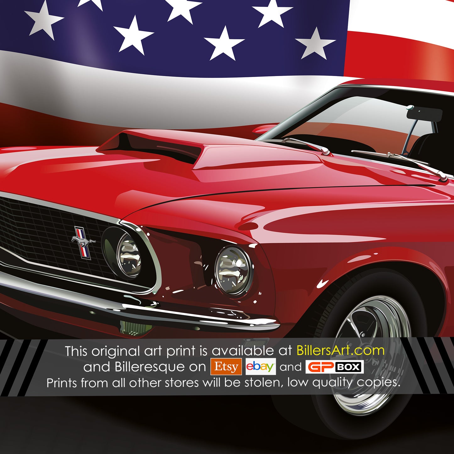 Ford Mustang Boss 429 1960's US Muscle Car High Quality Colourful Illustration Poster