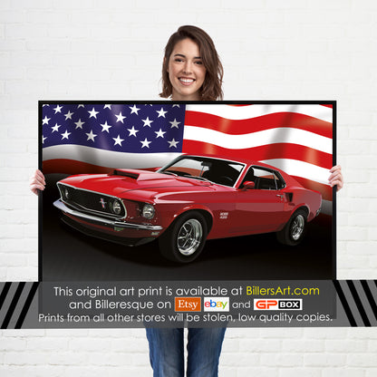 Ford Mustang Boss 429 1960's US Muscle Car High Quality Colourful Illustration Poster