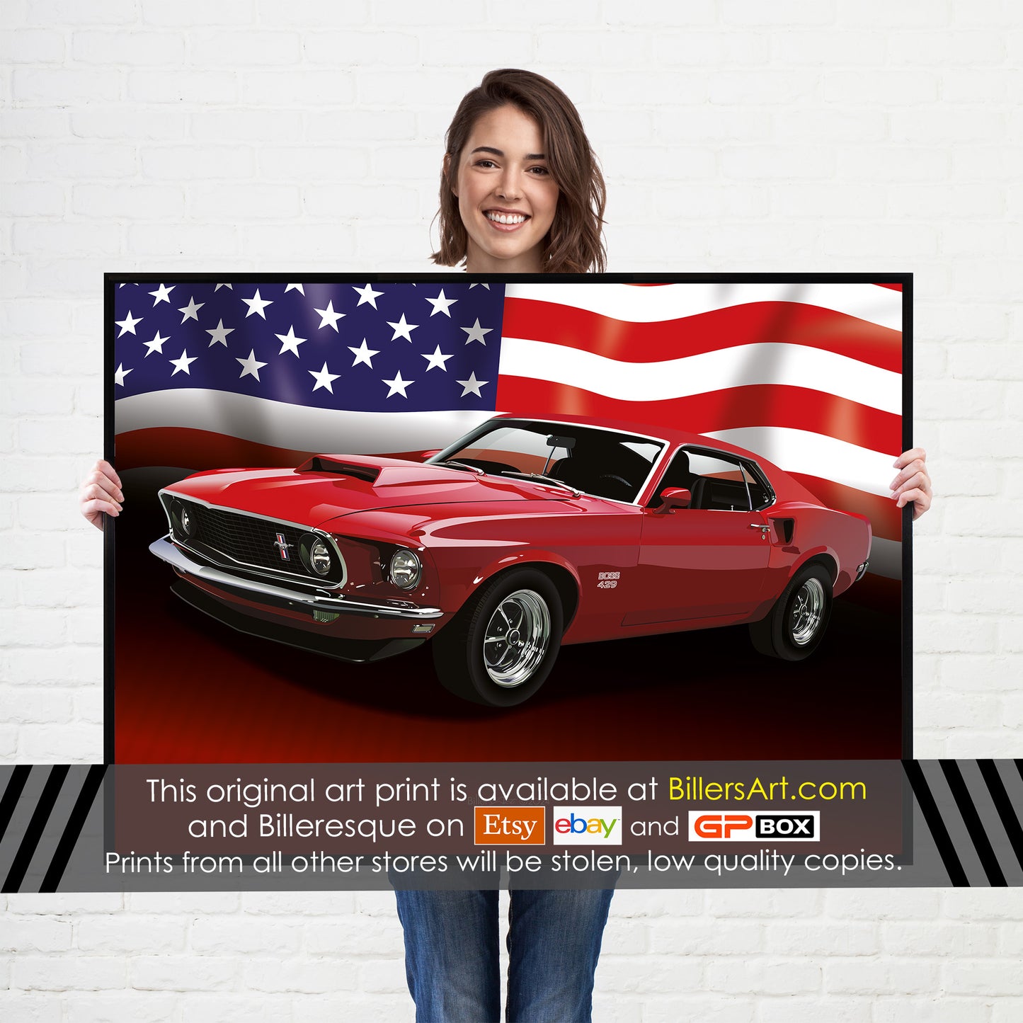 Ford Mustang Boss 429 1960's US Muscle Car High Quality Colourful Illustration Poster