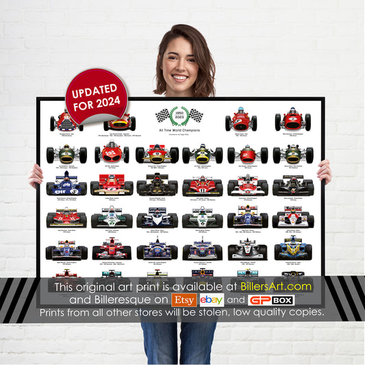 Formula 1 All Time World Champions Cars Historic Wall Art up to 2024