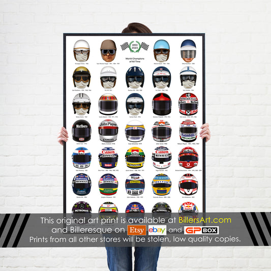 Formula 1 All Time World Champions Drivers Helmets Historic Wall Art to 2024