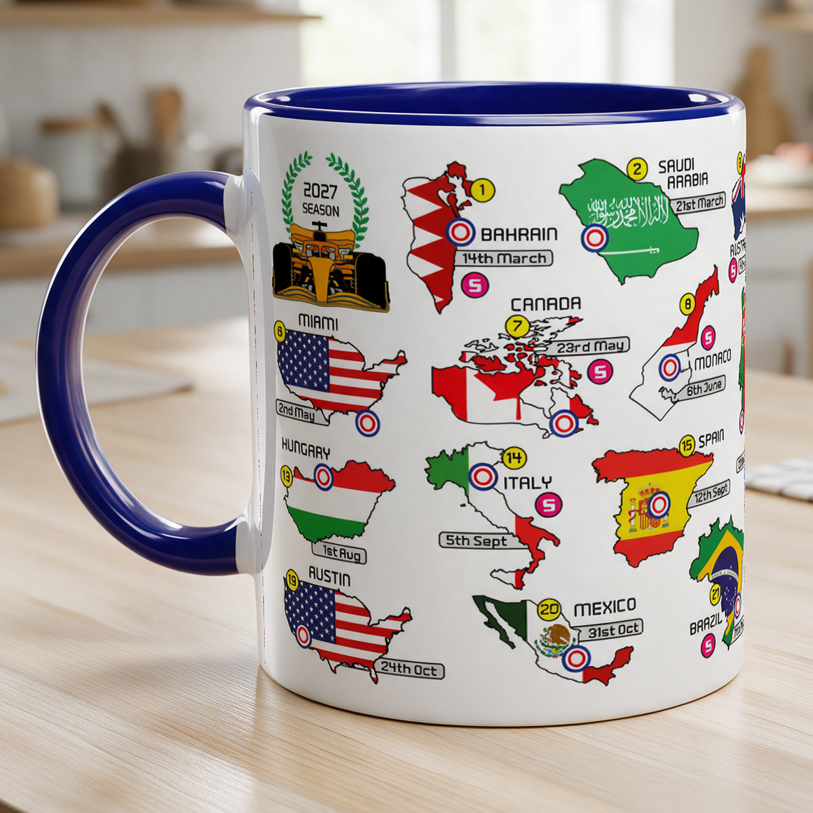 Formula 1 2027 Calendar Mug with Countries and Flags
