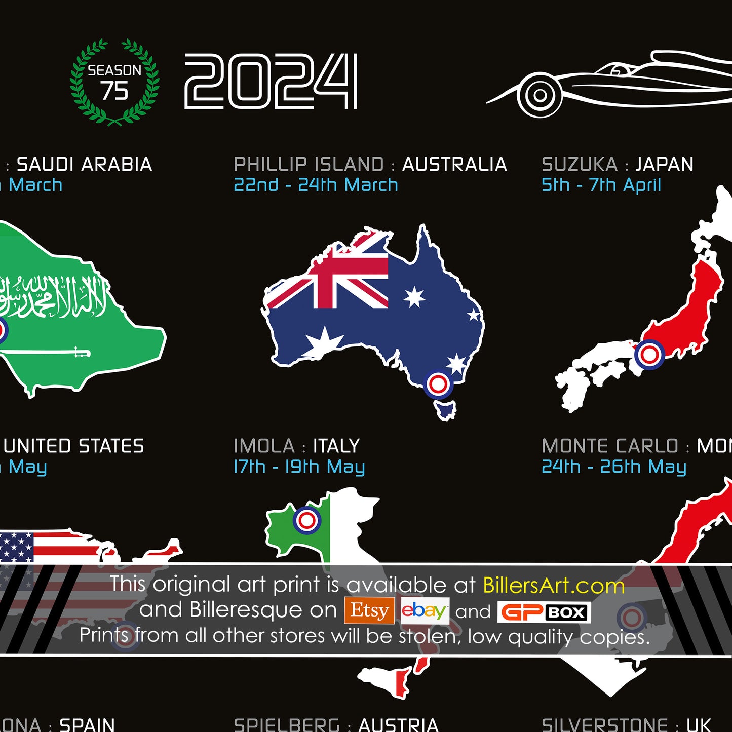 Formula 1 2024 Detailed Season Fixtures Wall Calendar with Countries and Flags print