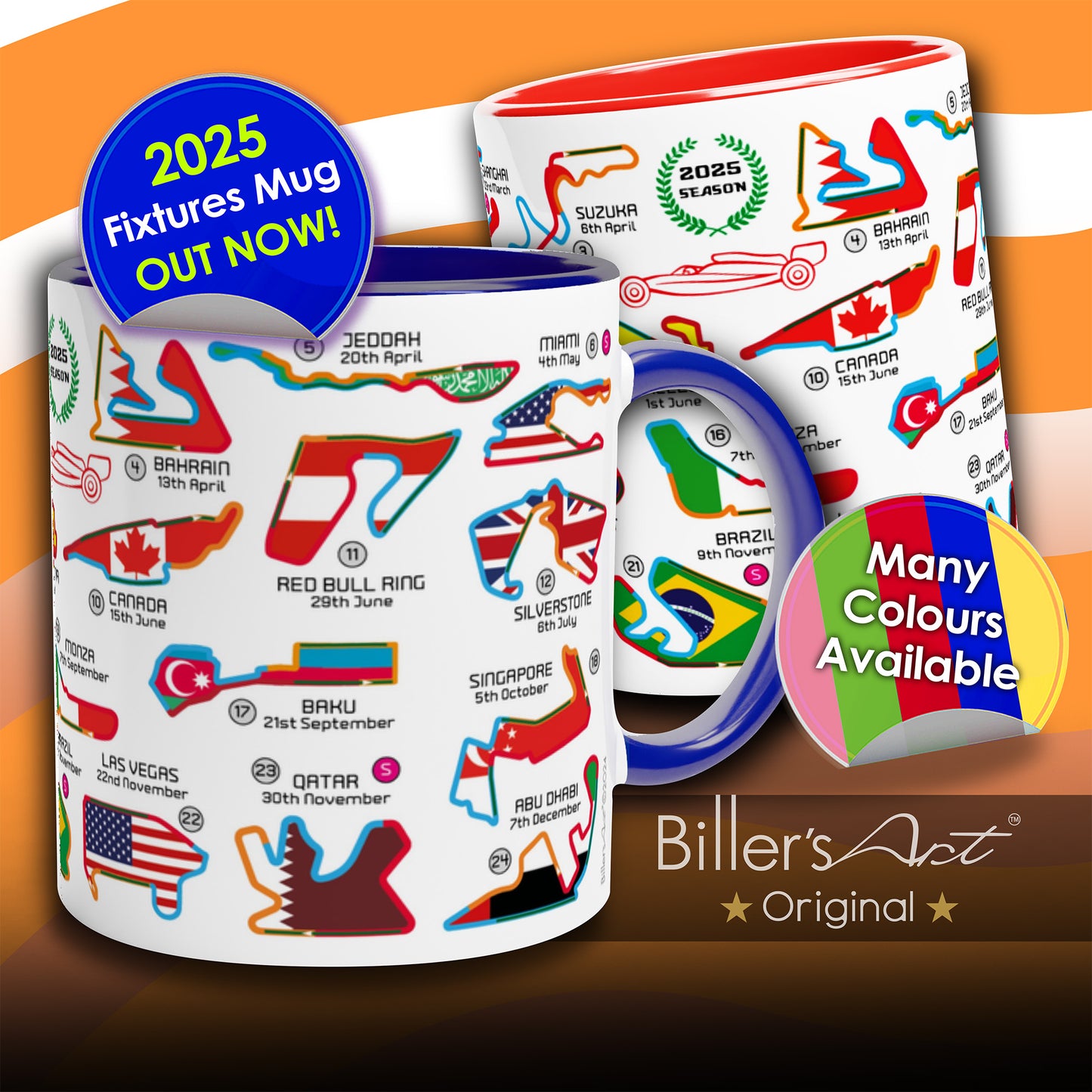 2025 Formula 1 Calendar Mug With Counties and Flag - All F1 Races