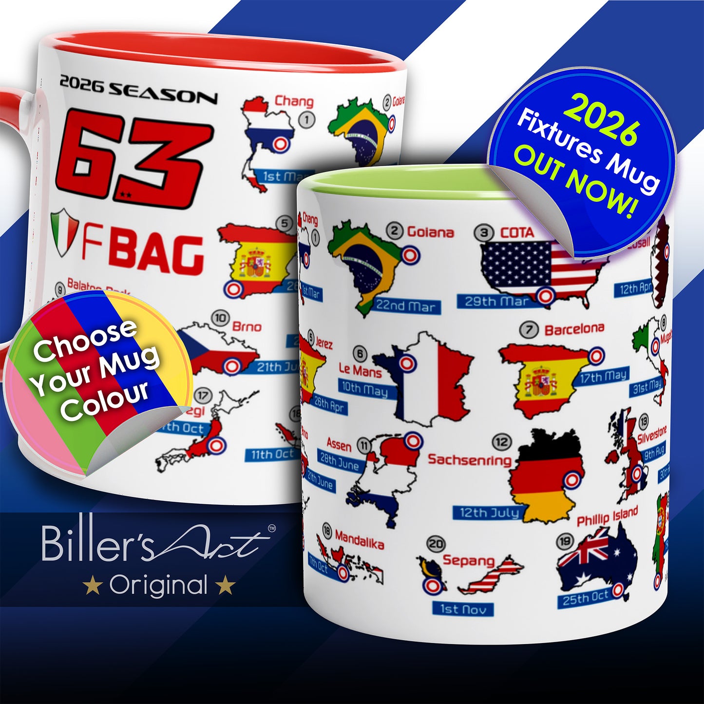 Pecco Bagnaia MotoGP 2026 Season Fixtures Racing Calendar Mug