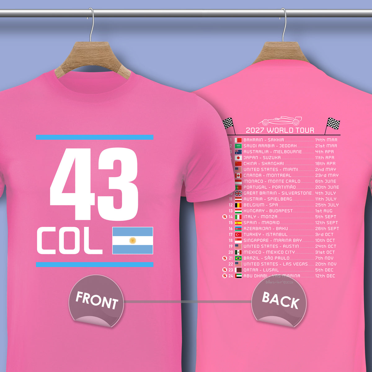 Franco Colapinto 2027 Race Calendar Formula 1 F1 T-Shirt