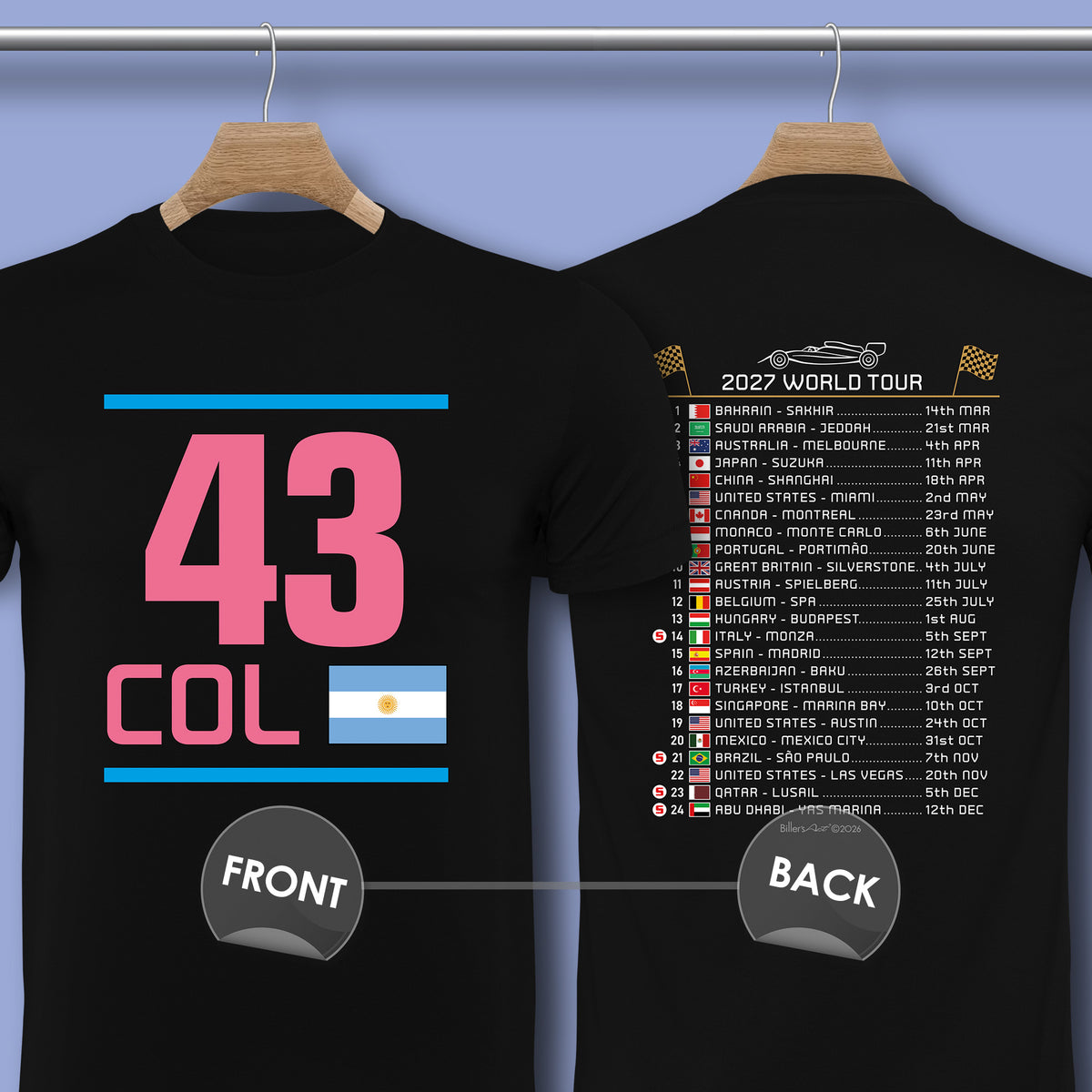 Franco Colapinto 2027 Race Calendar Formula 1 F1 T-Shirt
