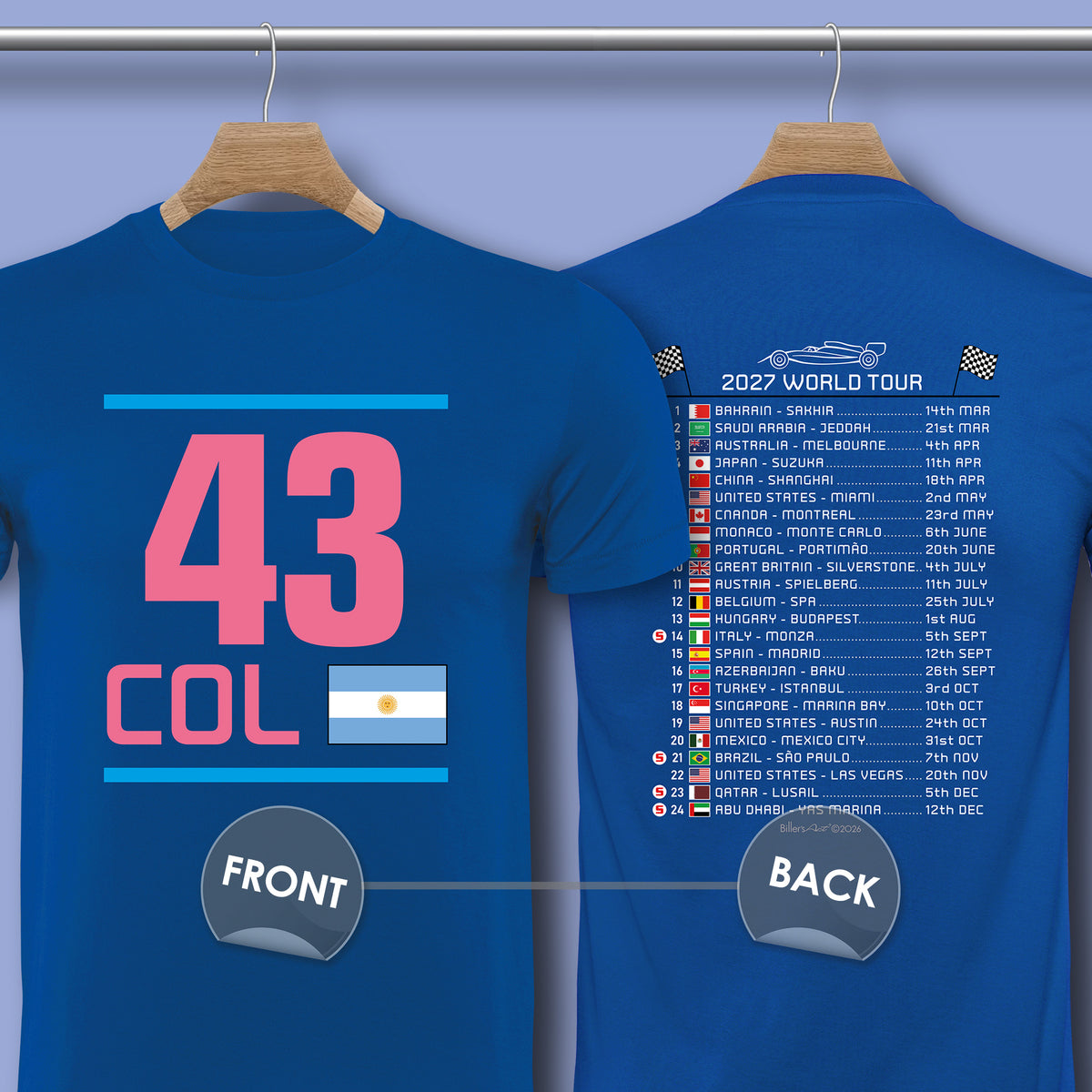 Franco Colapinto 2027 Race Calendar Formula 1 F1 T-Shirt