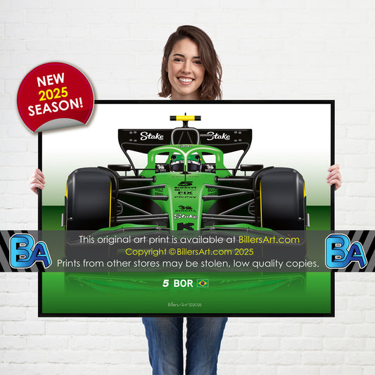 Gabriel Bortoleto Formula 1 Kick Sauber 2025 Racing Car Print