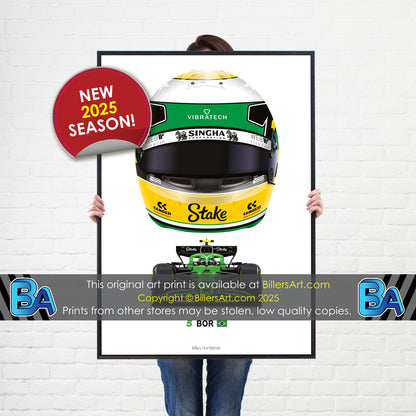 Gabriel Bortoleto Formula 1 Racing Helmet 2025 Kick Sauber Print