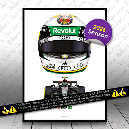 Gabriel Bortoleto Formula 1 Racing Helmet 2026 Audi Print