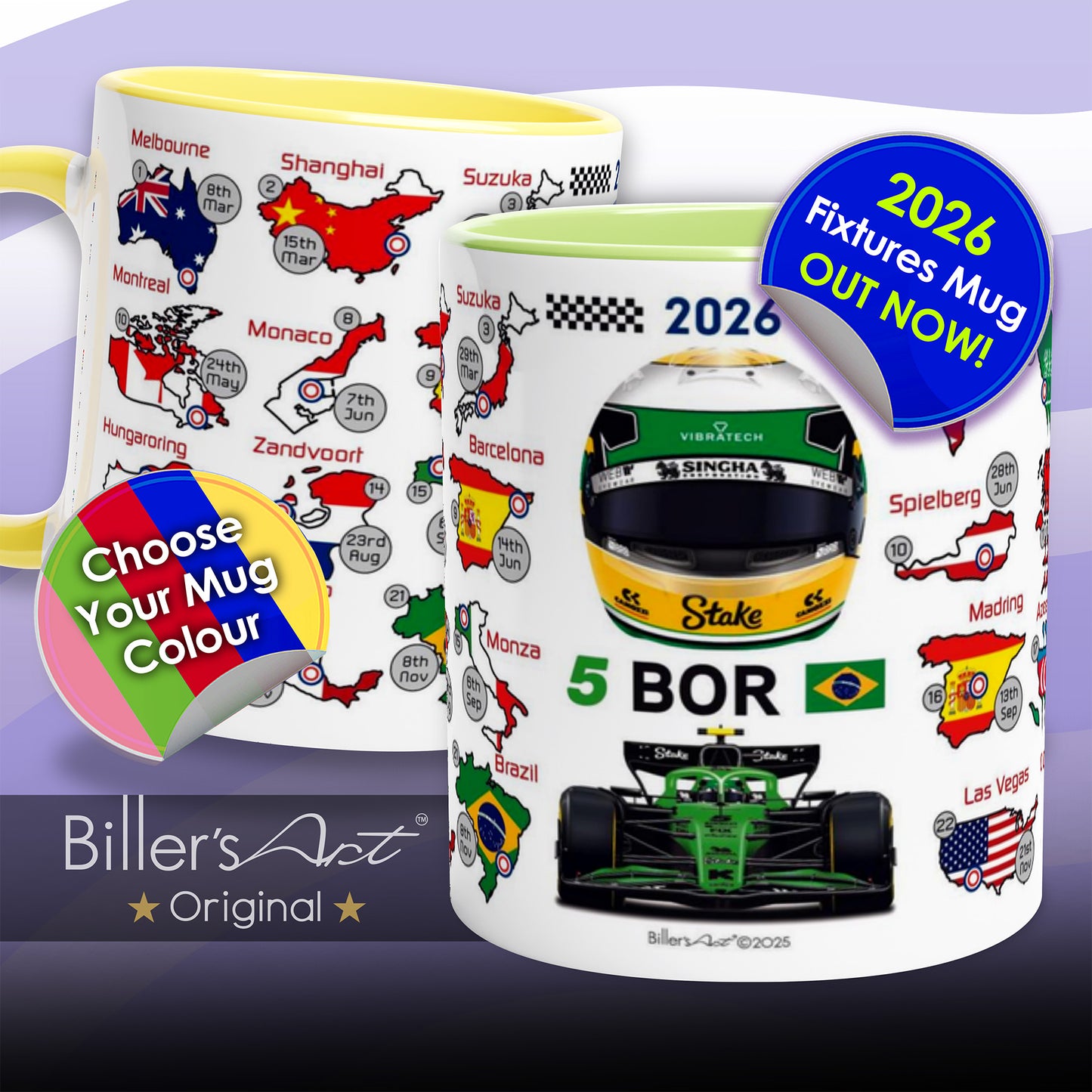 Two mugs with racing theme designs and promotional text on a purple background