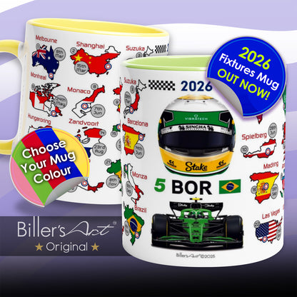 Two mugs with racing theme designs and promotional text on a purple background