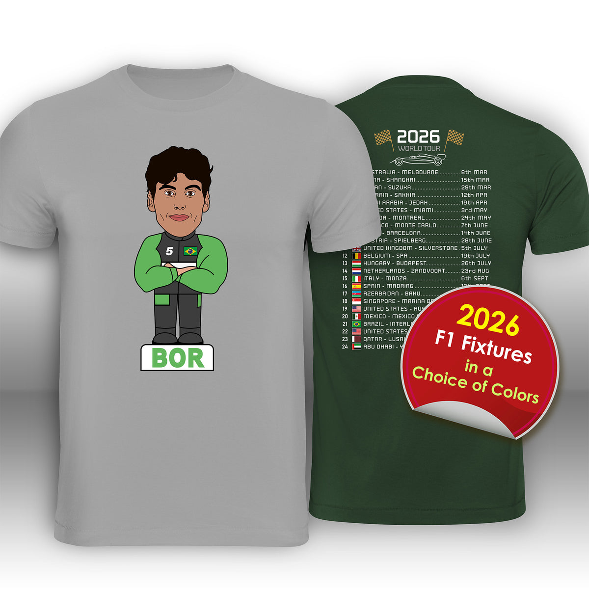 Gabriel Bortoleto 2026 Cartoon Calendar Formula 1 F1 T-Shirt