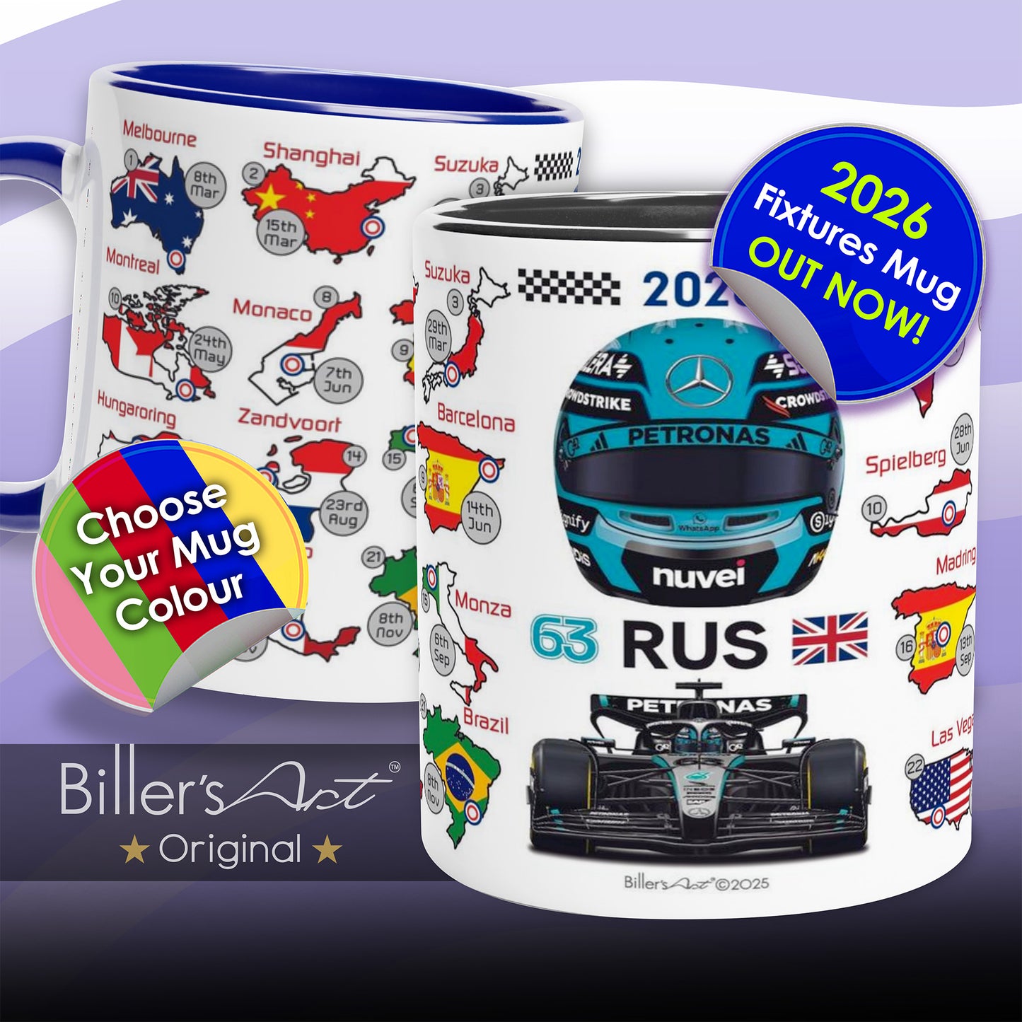 Two mugs with racing theme designs and promotional text on a purple background