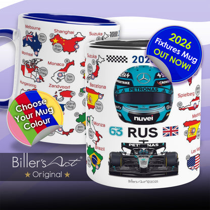 Two mugs with racing theme designs and promotional text on a purple background