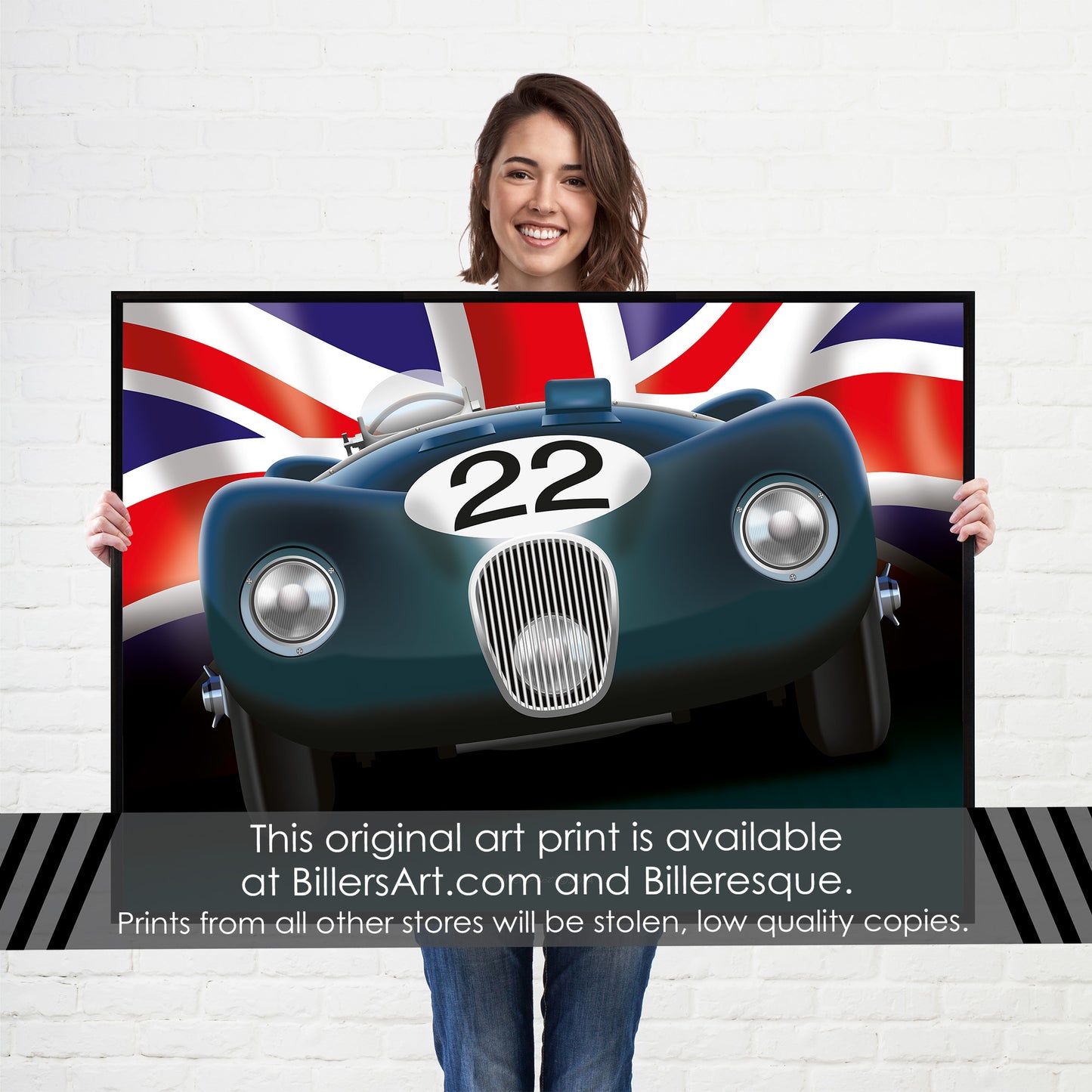 Jaguar C-Type - Le Mans Racing Car poster on a Union Flag background