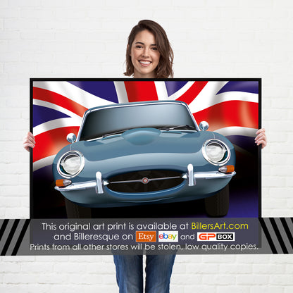 Jaguar E-Type Classic Car High Quality Colourful Illustration Poster