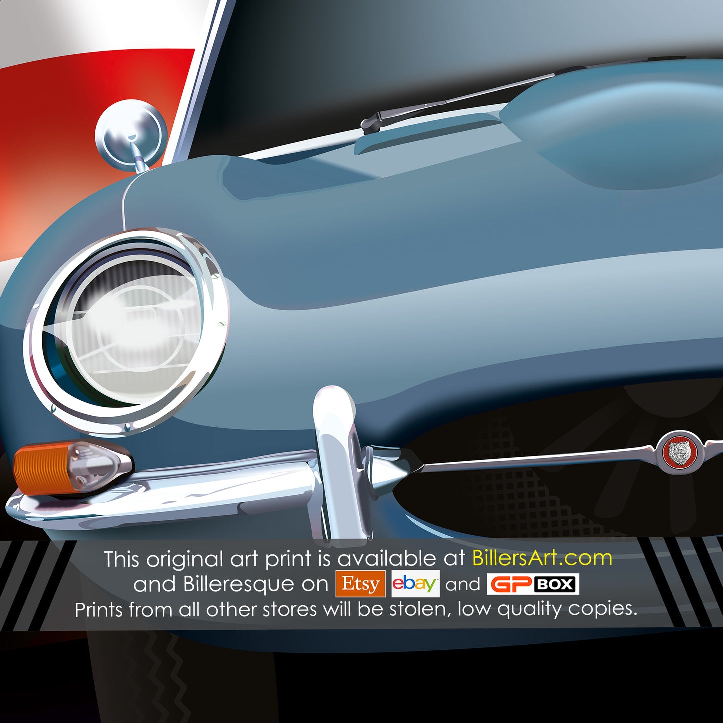 Jaguar E-Type Classic Car High Quality Colourful Illustration Poster