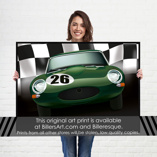 Jaguar E-Type - Le Mans Racing Car poster on a Chequered Flag background