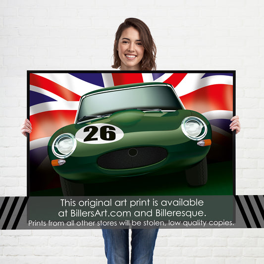 Jaguar E-Type - Le Mans Racing Car poster on a Union Flag background