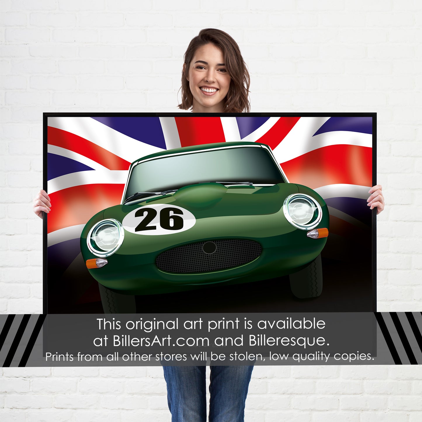 Jaguar E-Type - Le Mans Racing Car poster on a Union Flag background