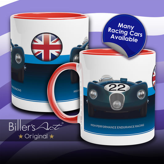 Jaguar C-Type Mug - Endurance Racing Car Mug on a Union Flag background