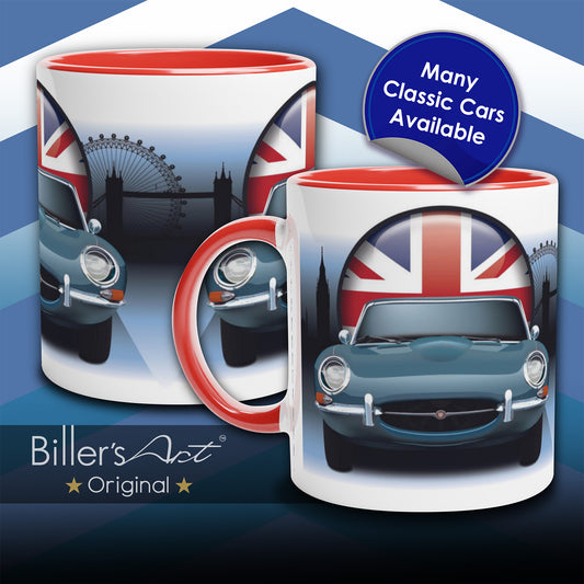 Jaguar E-Type Classic Car High Quality Colourful Illustration Mug on a London Background