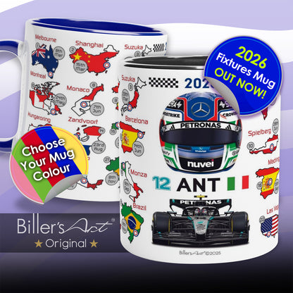 Mug with racing helmet and car design, featuring world map and country flags, with 'Biller's Act' branding.