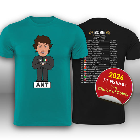 Kimi Antonelli 2026 Cartoon Calendar Formula 1 F1 T-Shirt
