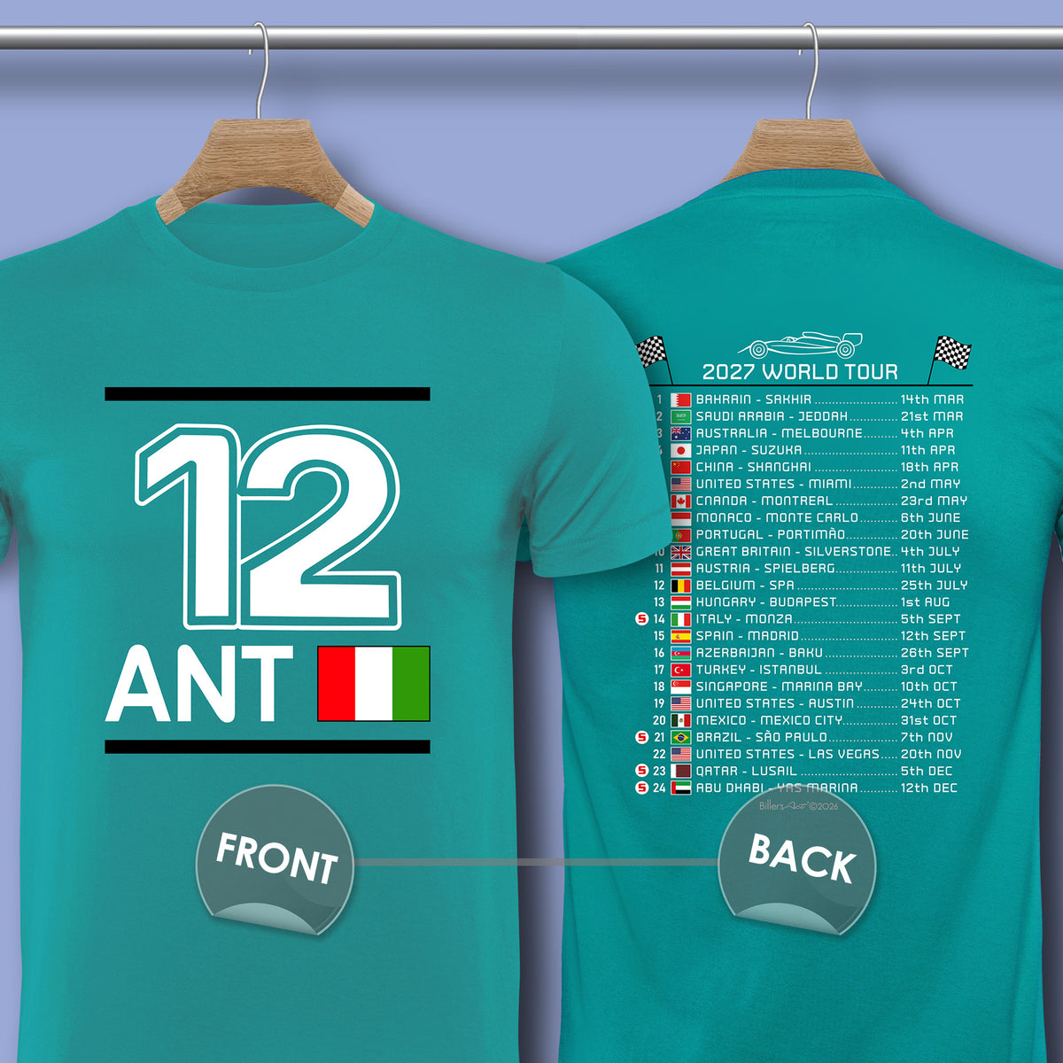 Kimi Antonelli 2027 Race Calendar Formula 1 F1 T-Shirt