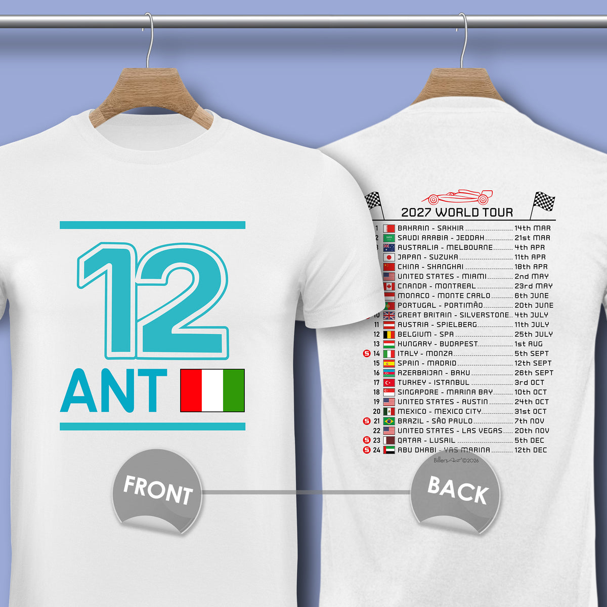 Kimi Antonelli 2027 Race Calendar Formula 1 F1 T-Shirt