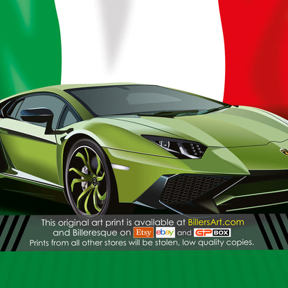 Lamborghini Aventador Supercar High Quality Print Illustration with the Italian Flag