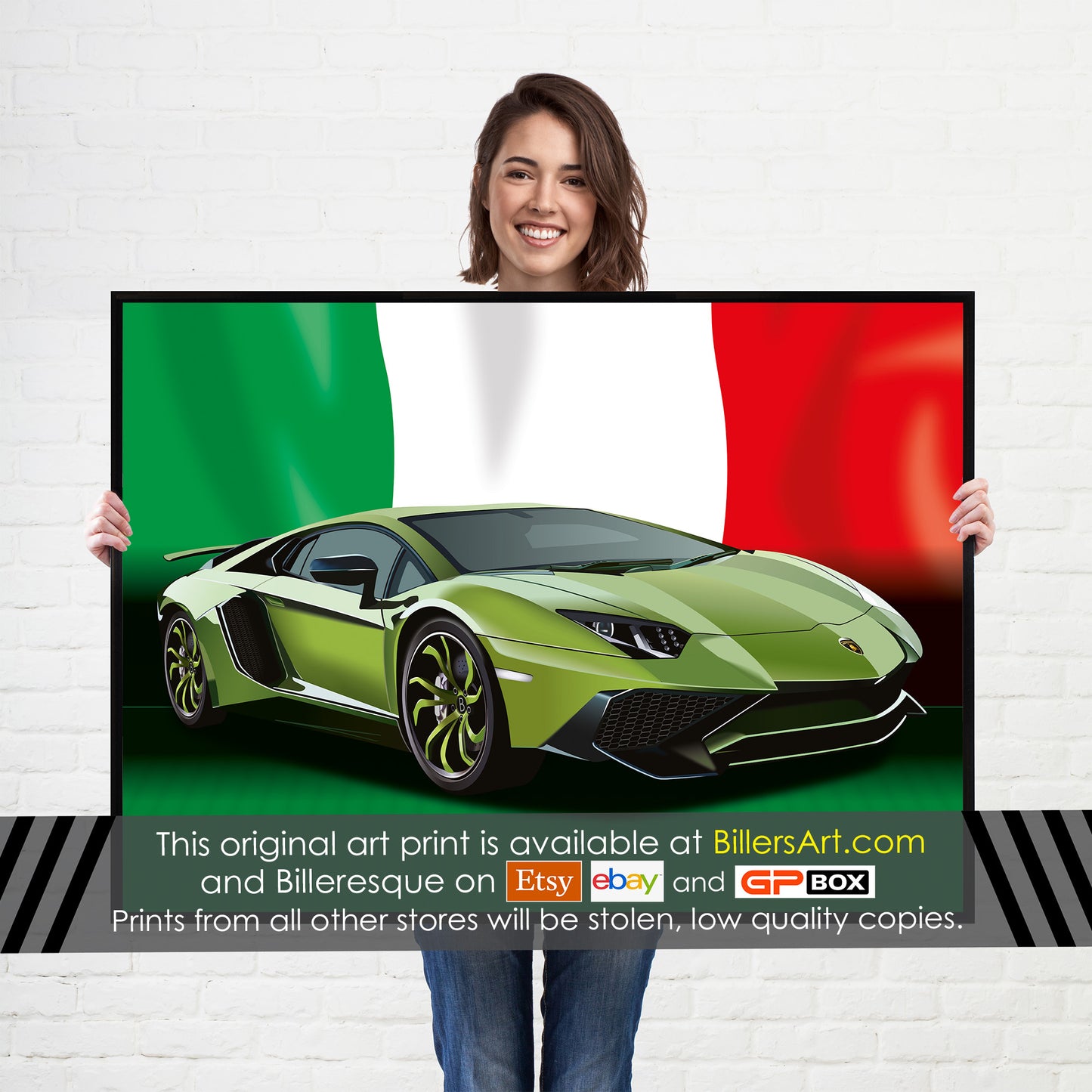 Lamborghini Aventador Supercar High Quality Print Illustration with the Italian Flag