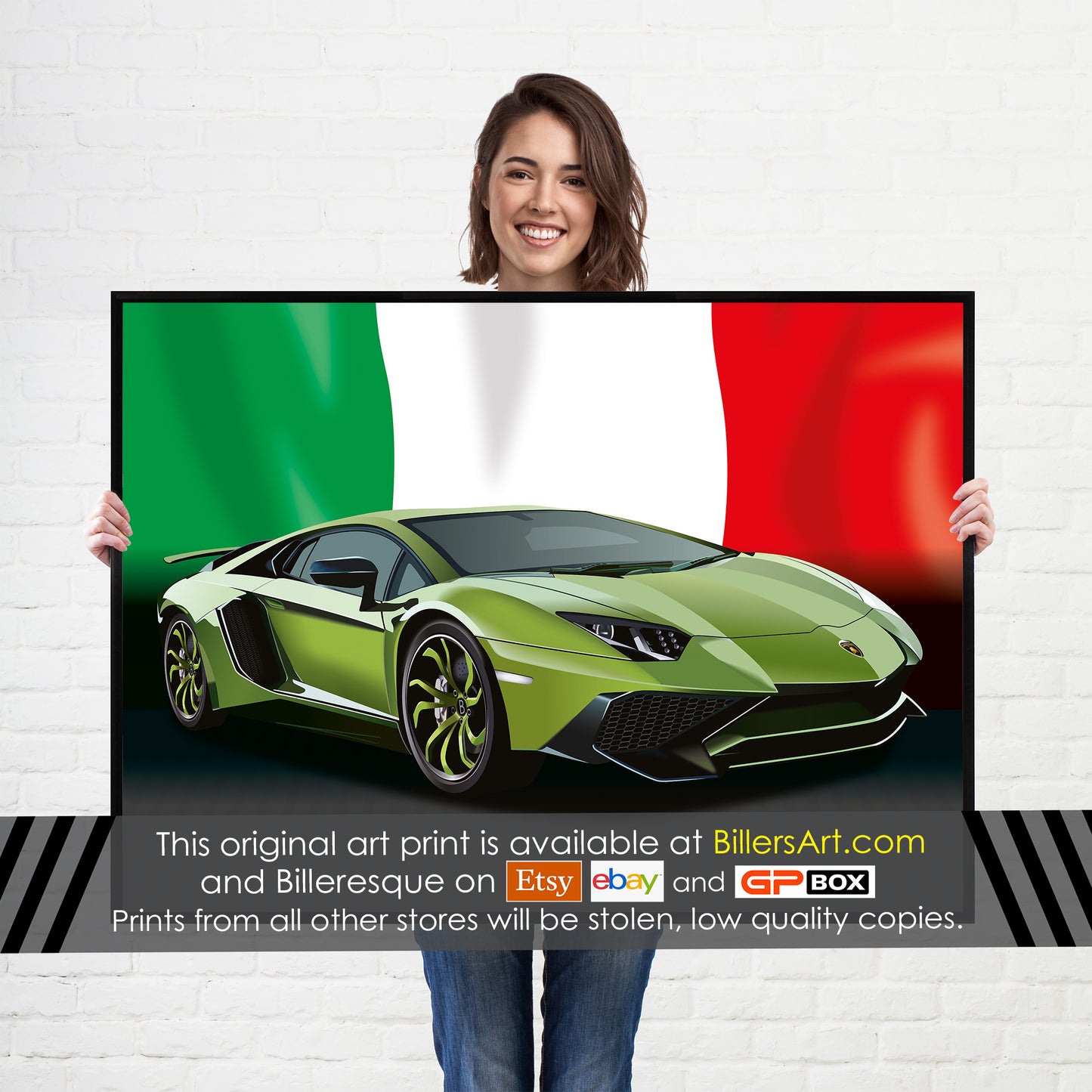 Lamborghini Aventador Supercar High Quality Print Illustration with the Italian Flag