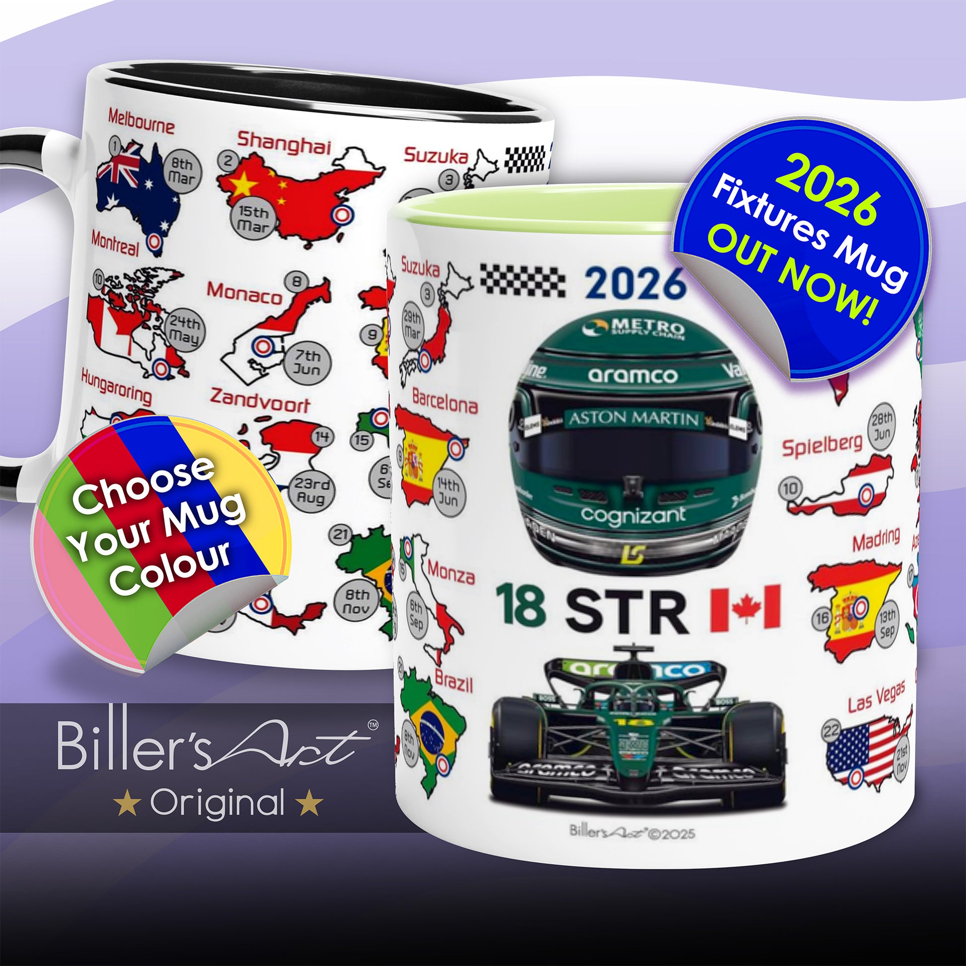 Two mugs with racing theme designs and promotional text on a gradient background