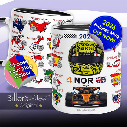 Mug with racing theme design featuring a helmet and car, with promotional text and branding.
