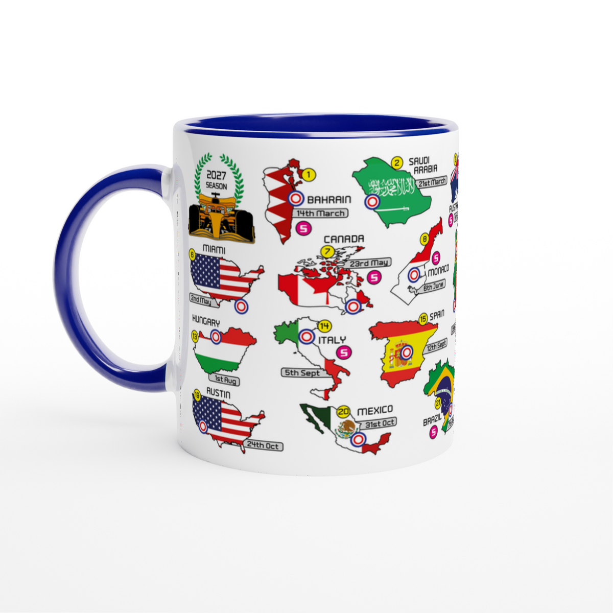 Formula 1 2027 Calendar Mug with Countries and Flags