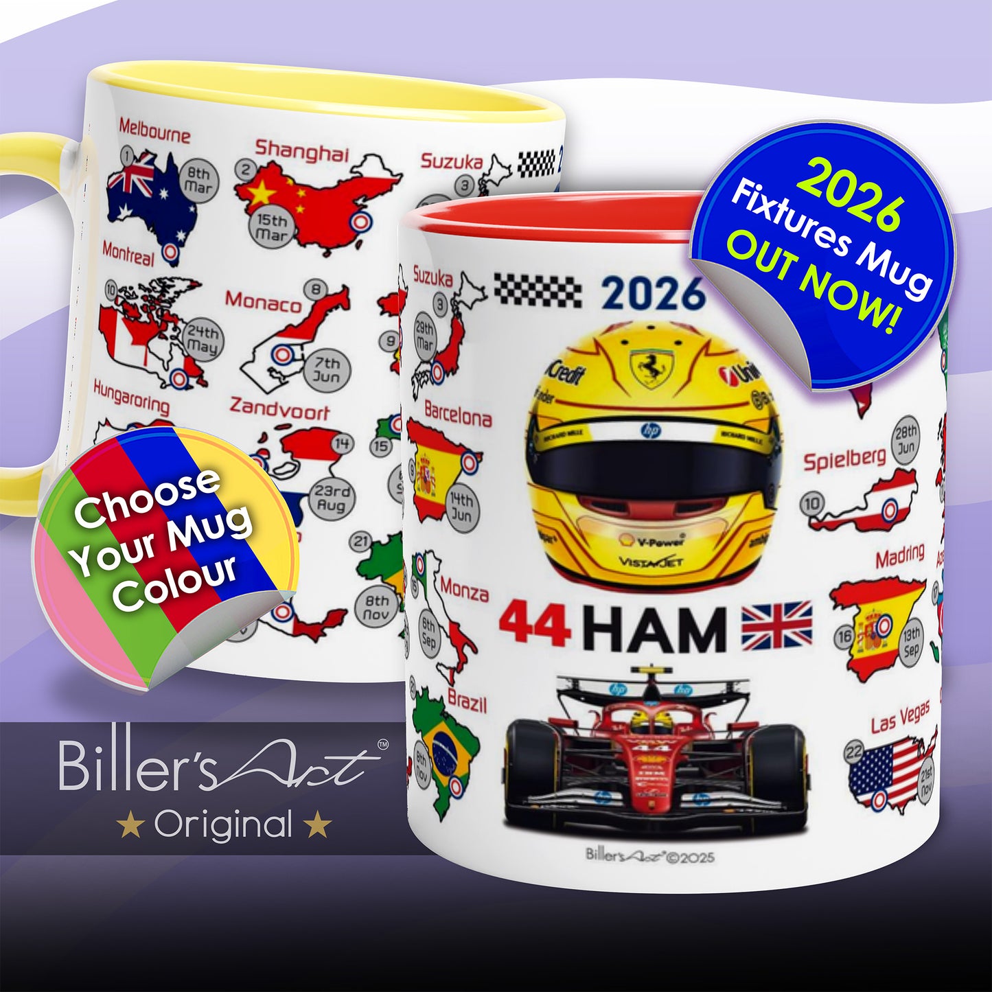 Formula 1-themed mugs with racing helmet, car, and world map design for Lewis Hamilton.