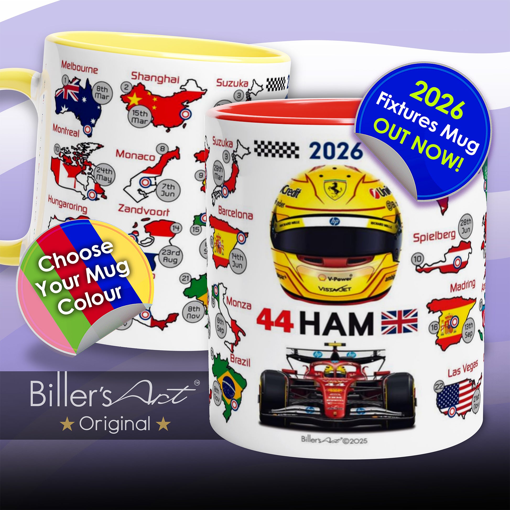 Formula 1-themed mugs with racing helmet, car, and world map design for Lewis Hamilton.