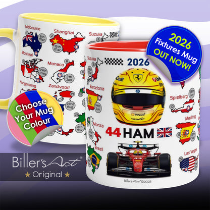 Formula 1-themed mugs with racing helmet, car, and world map design for Lewis Hamilton.